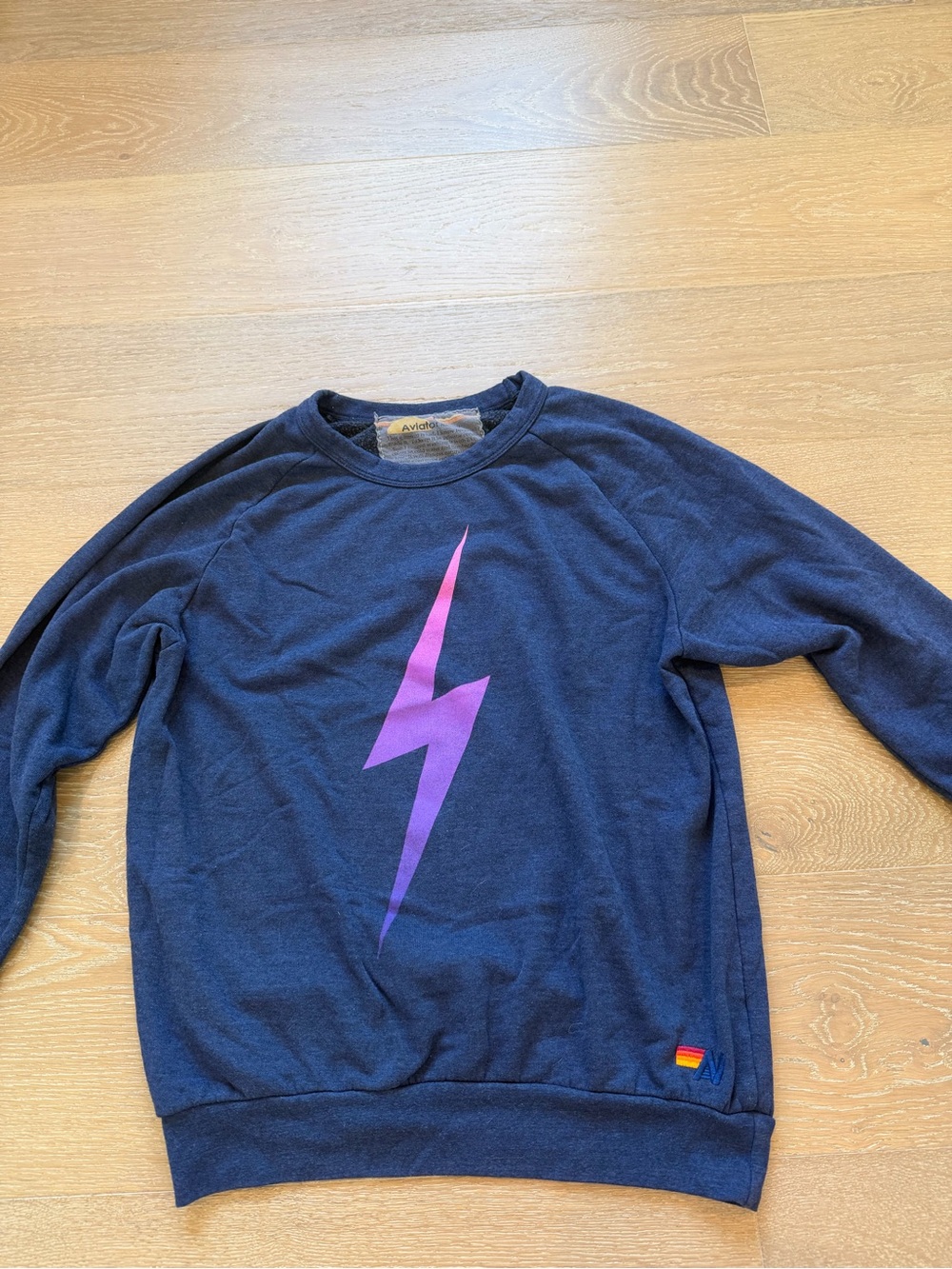 Aviator Nation Navy Crewneck with Purple Lightning Bolt
